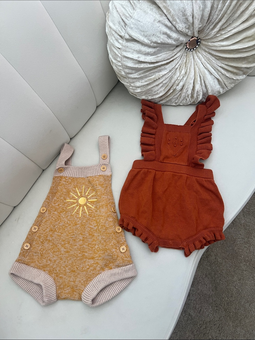Rylee + Cru Rust Orange Knit Romper & Mustard Yellow Sun Knit Romper Set